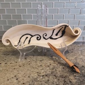 Hilborn Pottery Beige Asparagus Dish Folded Ends With Wooden Inlay Fork, Signed